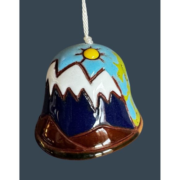 Hand Painted Pottery Bell Ornament Mountain Village Scene Folk Art 1 1/8" - Picture 3 of 6